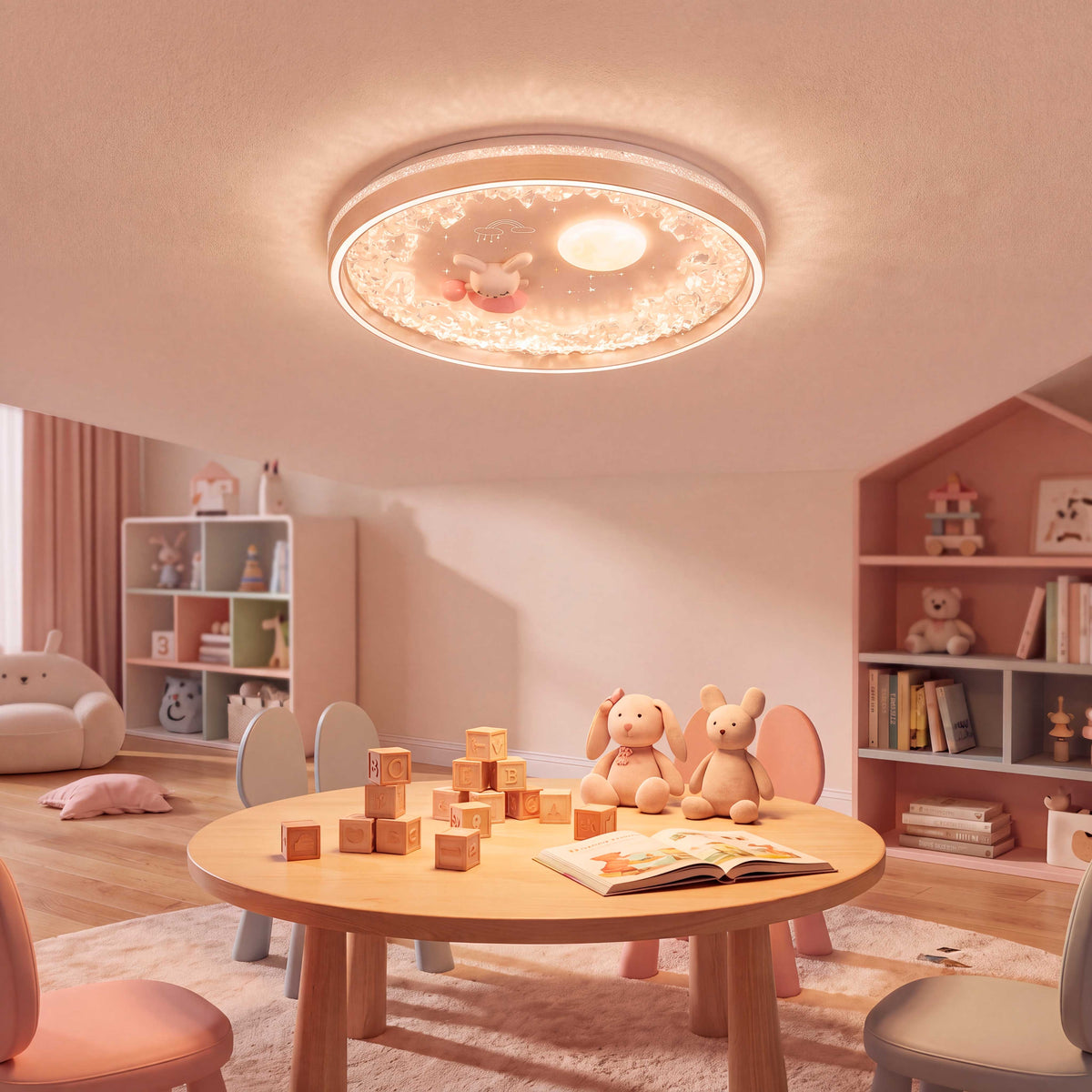 Plafón céntrico decorativo que optimiza la visibilidad y estética en áreas de juegos de niños.