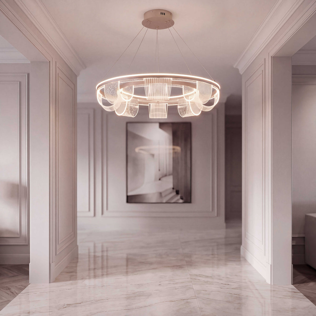 Puntos de luz de acento direccionados a hall de entrada en arquitectura contemporánea.