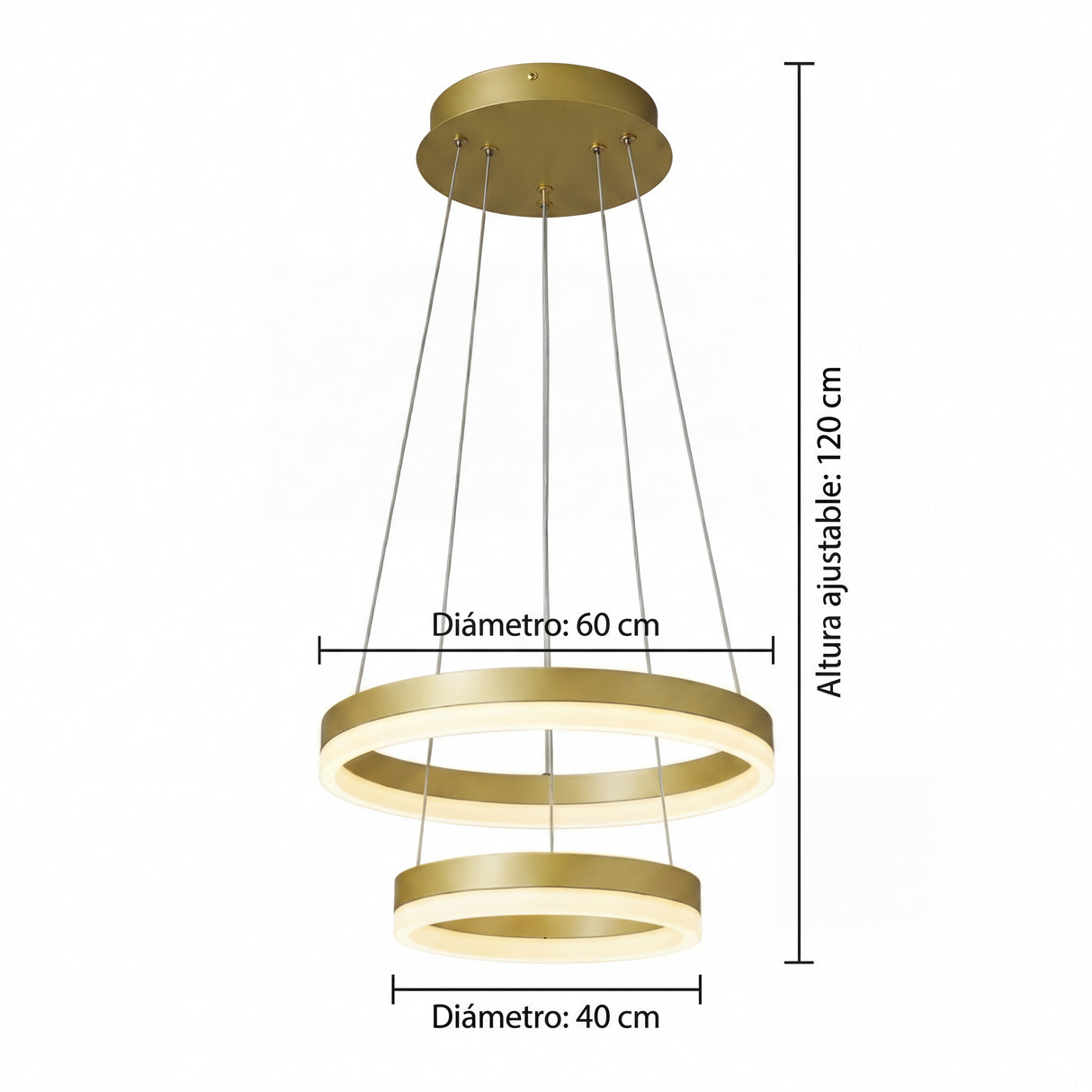 Ficha técnica con medidas de lámpara dorada: diámetros de 40cm y 60cm con altura ajustable