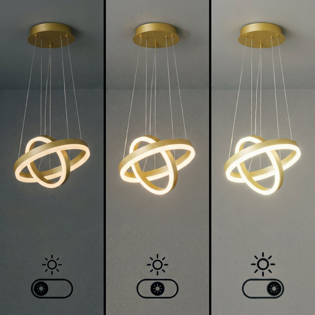 Función de dimerización (dimmer) para control de brillo en luminaria de anillos dorados