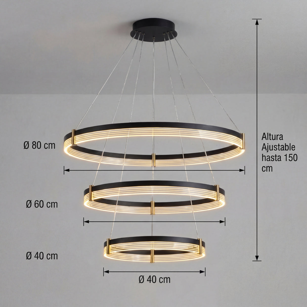 Dimensiones de lámpara de 3 anillos: diámetros de 40cm, 60cm y 80cm con altura regulable