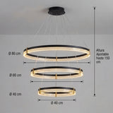 Dimensiones de lámpara de 3 anillos: diámetros de 40cm, 60cm y 80cm con altura regulable