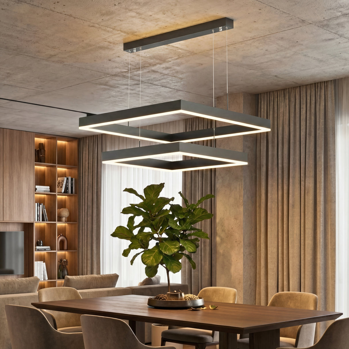 Luminaria de perfiles rectos para comedor con acabados de concreto expuesto