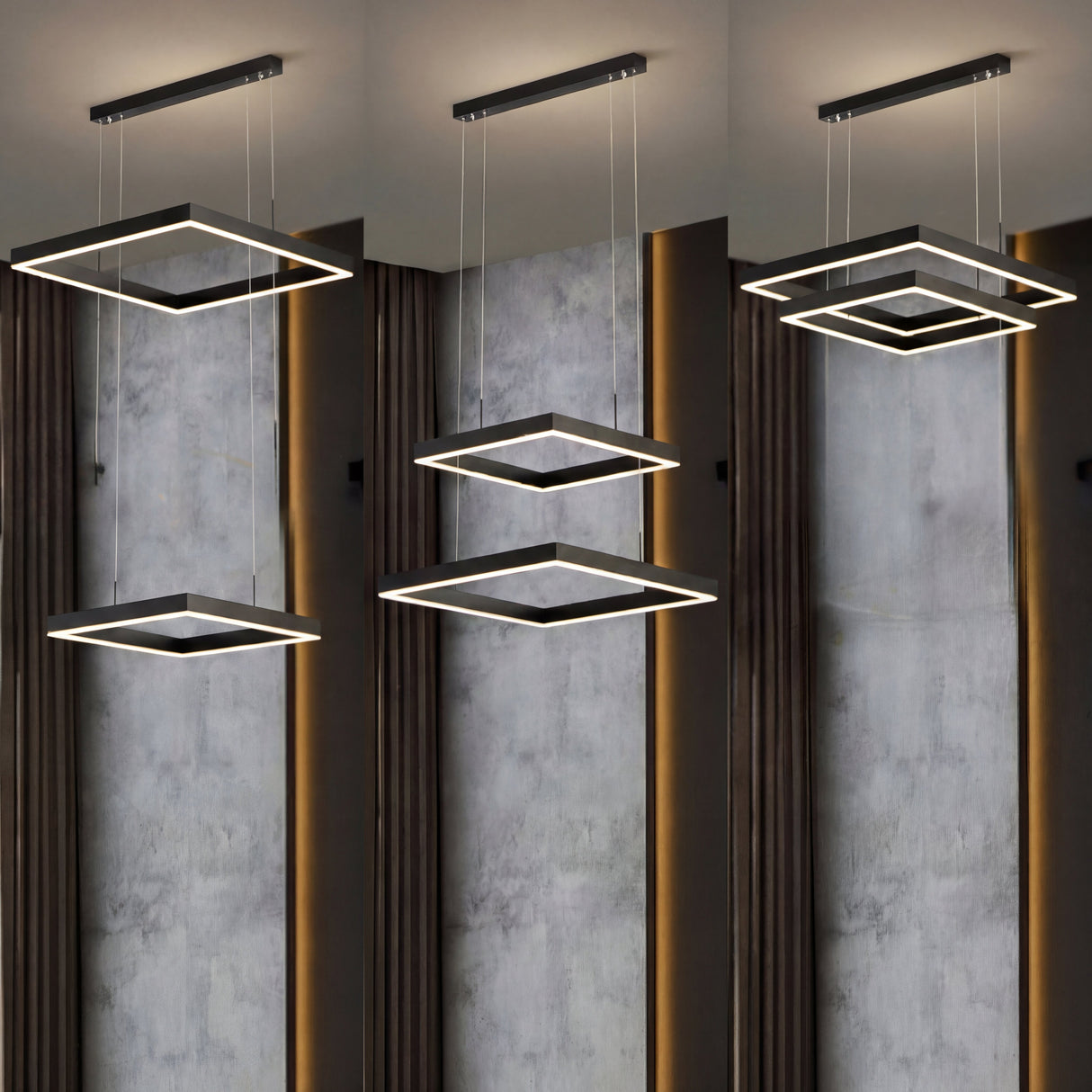 Ejemplo de instalación múltiple de lámparas cuadradas en pasillo largo