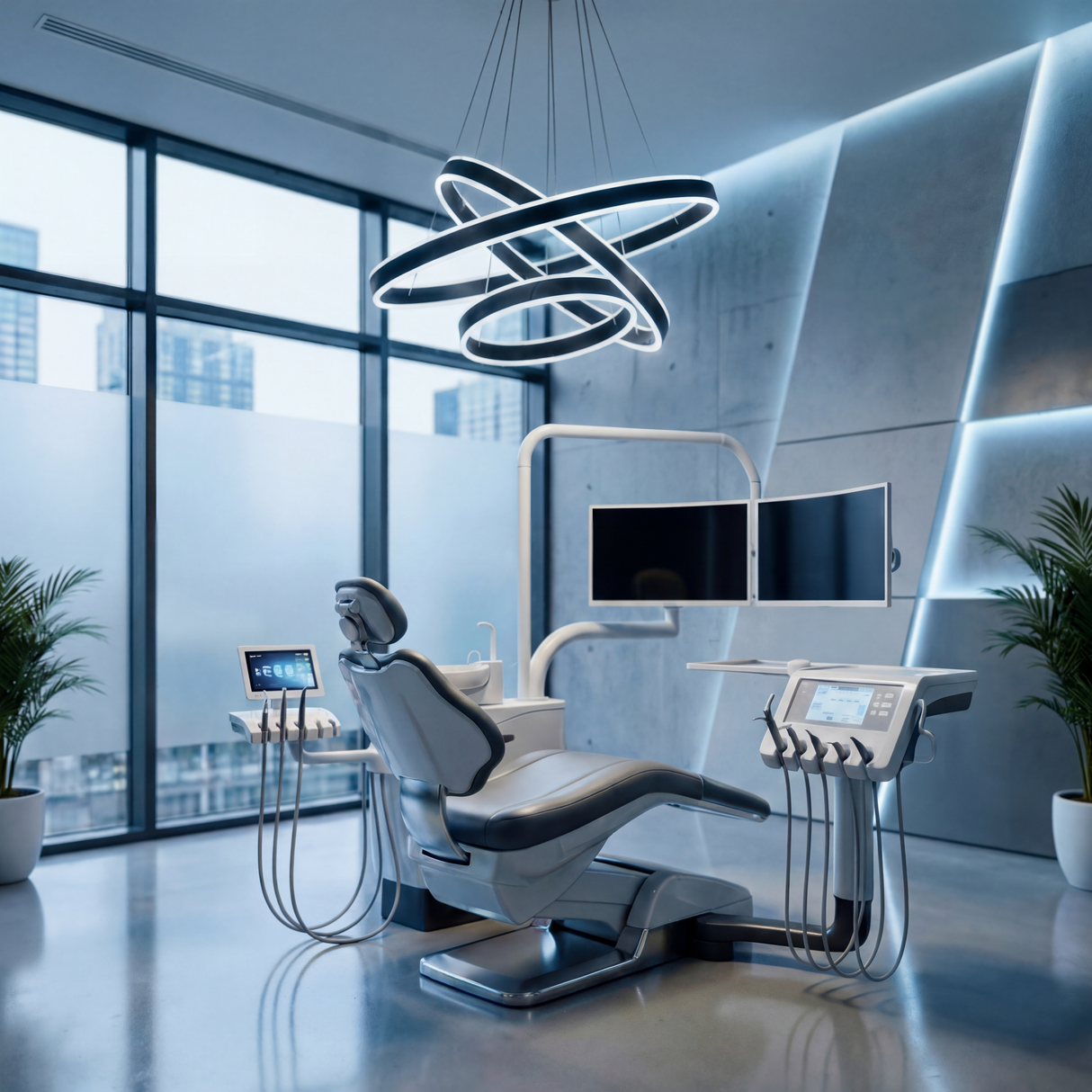 Lámpara de diseño circular instalada en consultorio dental o estética moderna