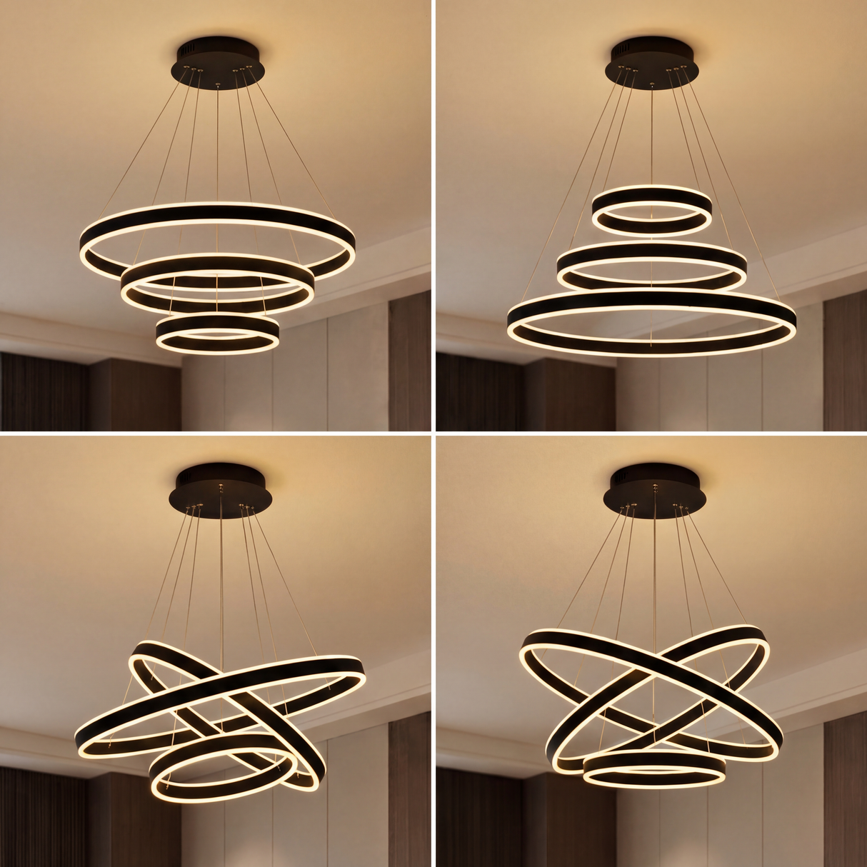 Diferentes posiciones de los 3 aros: pirámide, entrelazado y paralelo