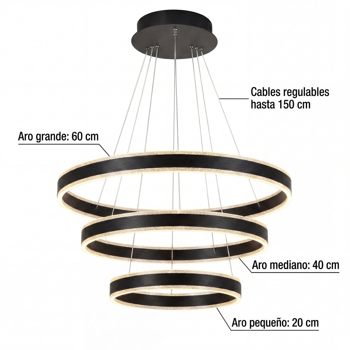 Medidas de la lámpara: anillos de 20cm, 40cm y 60cm con altura de 120cm
