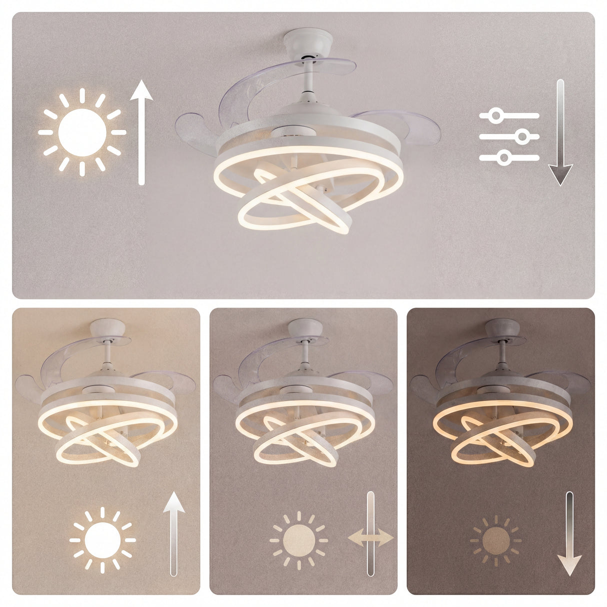 Resumen de funciones: luz CCT, bajo consumo, 6 velocidades y motor silencioso.