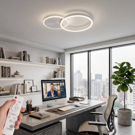 Lámpara de techo LED blanca para escritorio o zona de trabajo remoto con control de intensidad.