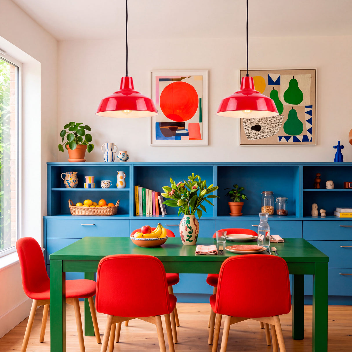 Par de focos colgantes sobre mesa de comedor verde, logrando un balance cromático y confort visual.
