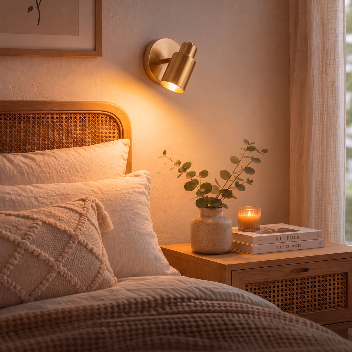 Aplique metálico en la cabecera de la cama creando una atmósfera acogedora para la lectura nocturna.