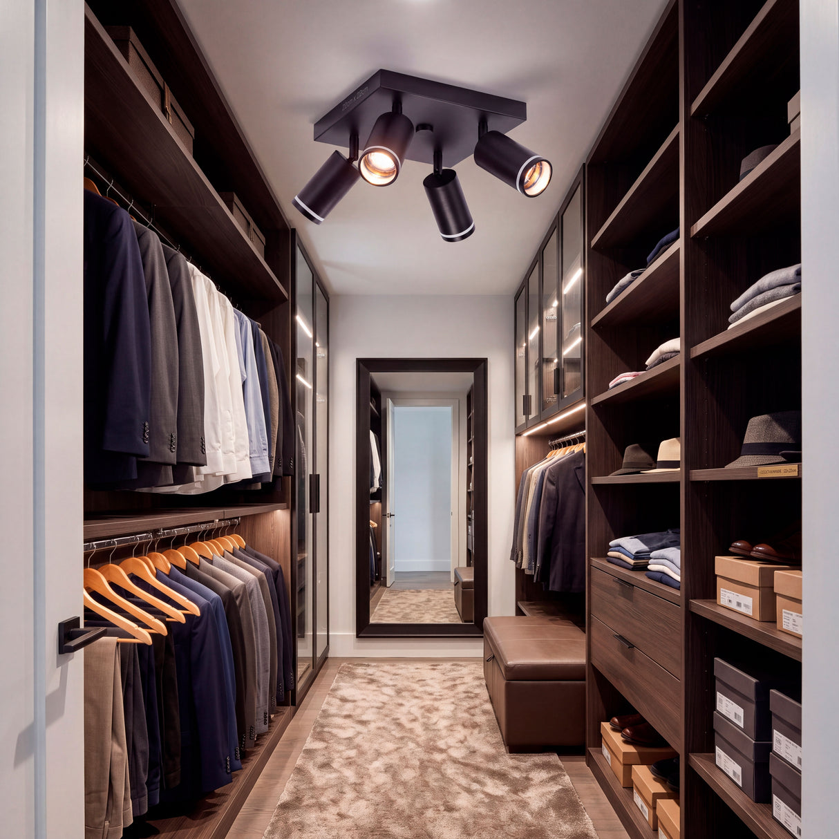 Haz luminoso cenital de alta fidelidad cromática proyectado en closet vestidor residencial.
