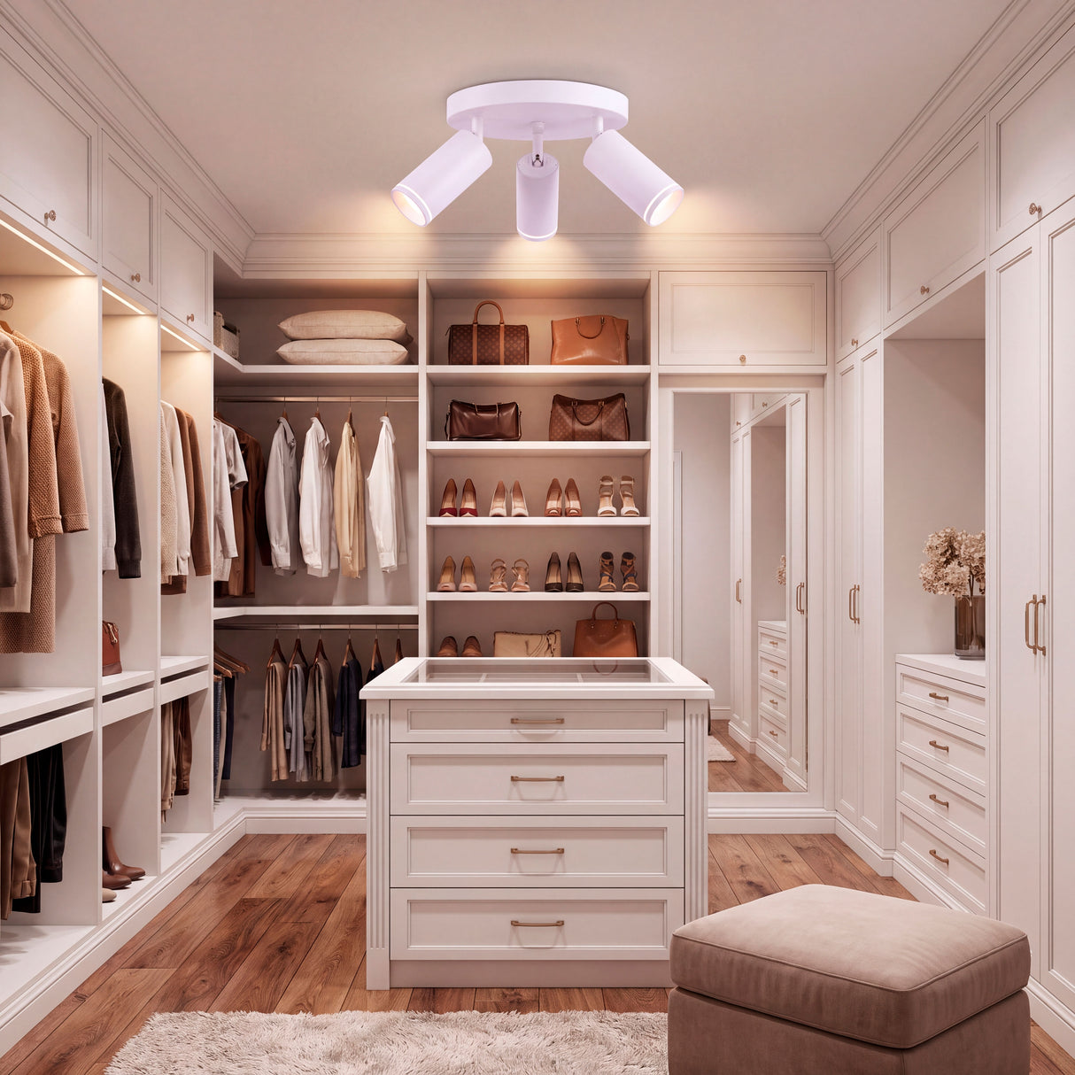 Haz luminoso cenital de alta fidelidad cromática proyectado en closet vestidor residencial.