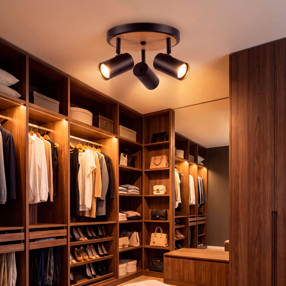 Haz luminoso cenital de alta fidelidad cromática proyectado en closet vestidor residencial.