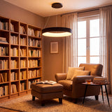Punto de luz central decorativo que unifica e integra armónicamente un salón de lectura clásico.