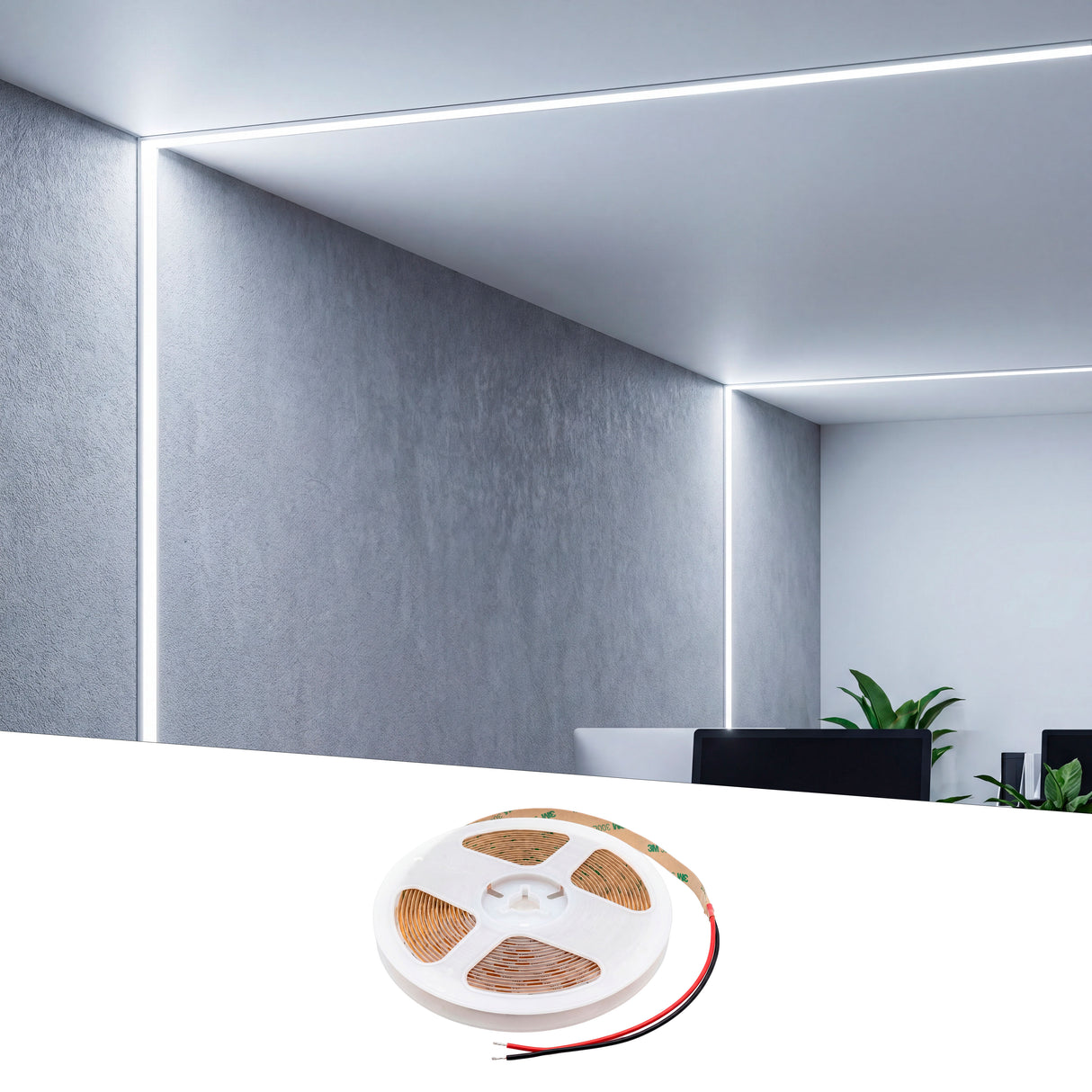 Perfil de luz blanca continua empotrado en los bordes de techos y muros de diseño limpio.