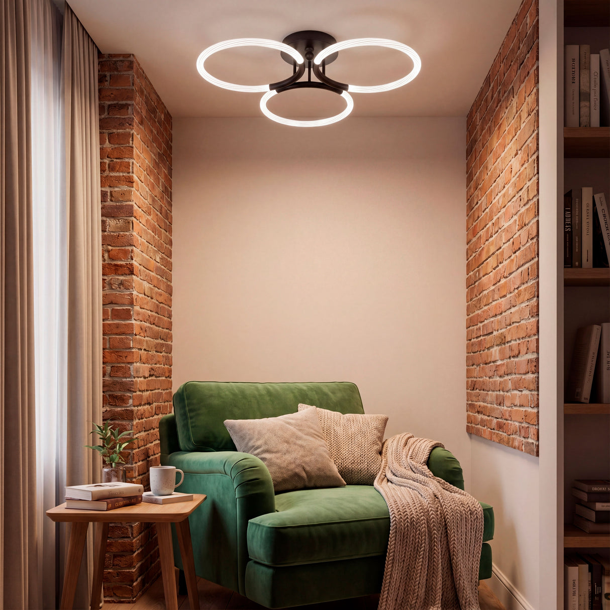 Plafón LED negro sobre sillón de lectura en estancia con estética industrial-chic.