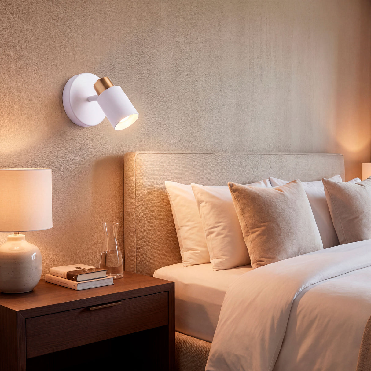Iluminación de soporte perimetral en la cabecera de la cama para crear un ambiente relajante y moderno.