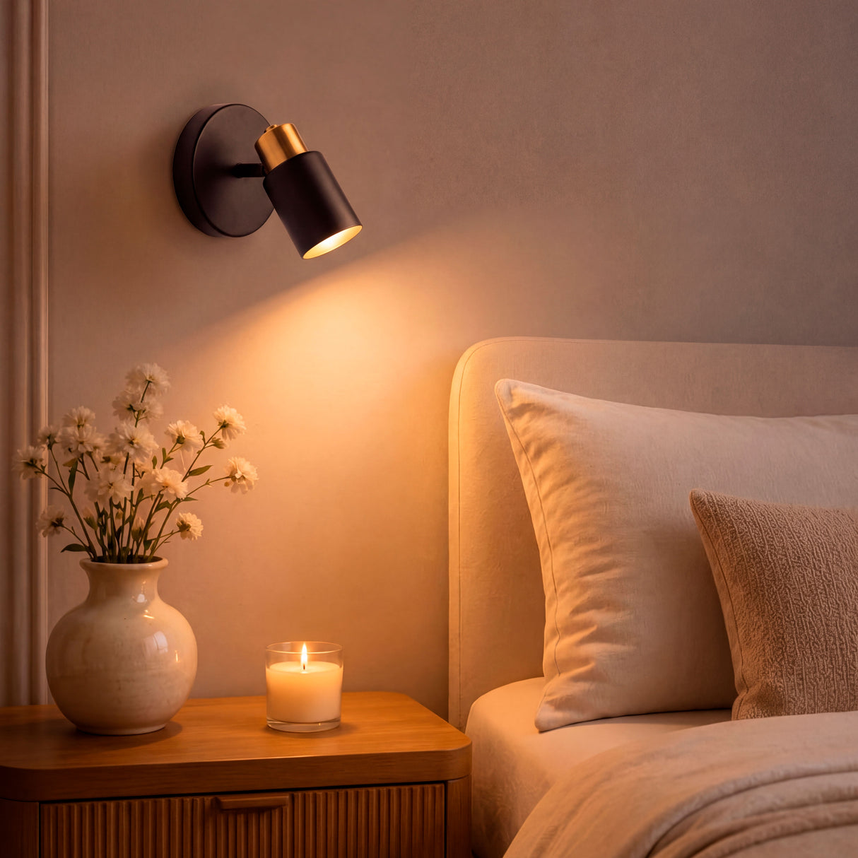 Haz luminoso focalizado sobre mesita de noche en dormitorio contemporáneo que mejora la experiencia visual.