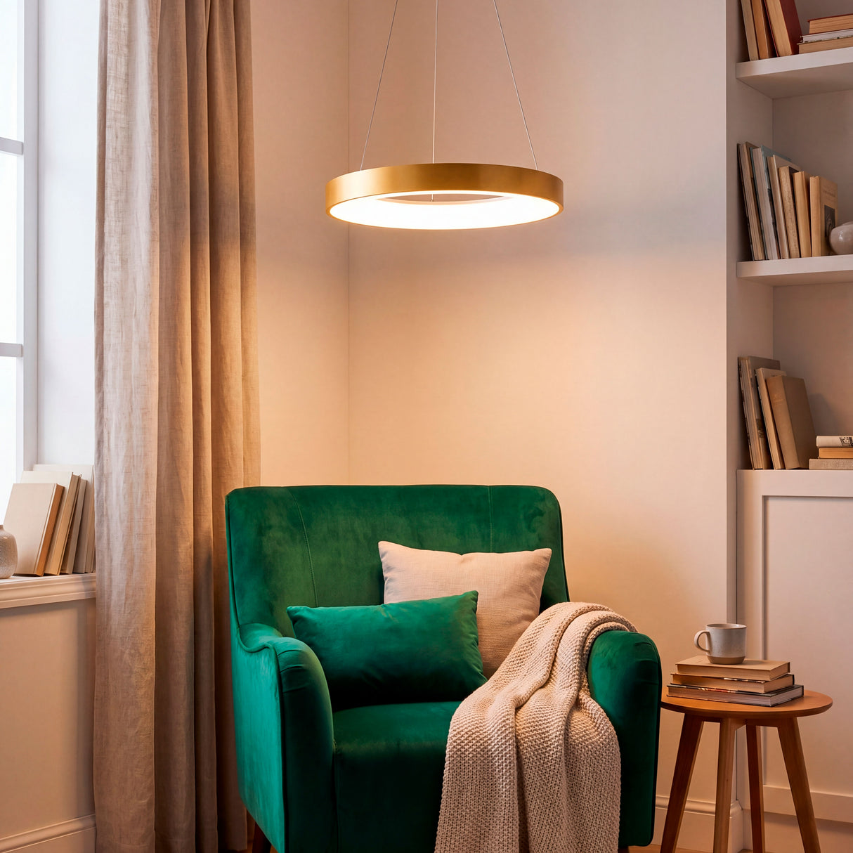 Lámpara Mirabella sobre sillón de lectura verde creando una atmósfera acogedora y moderna.