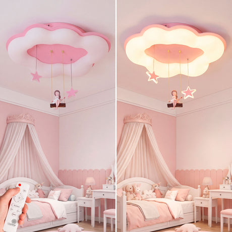 Comparativa de luz cálida y blanca en dormitorio de niña con lámpara Swing Cloud.