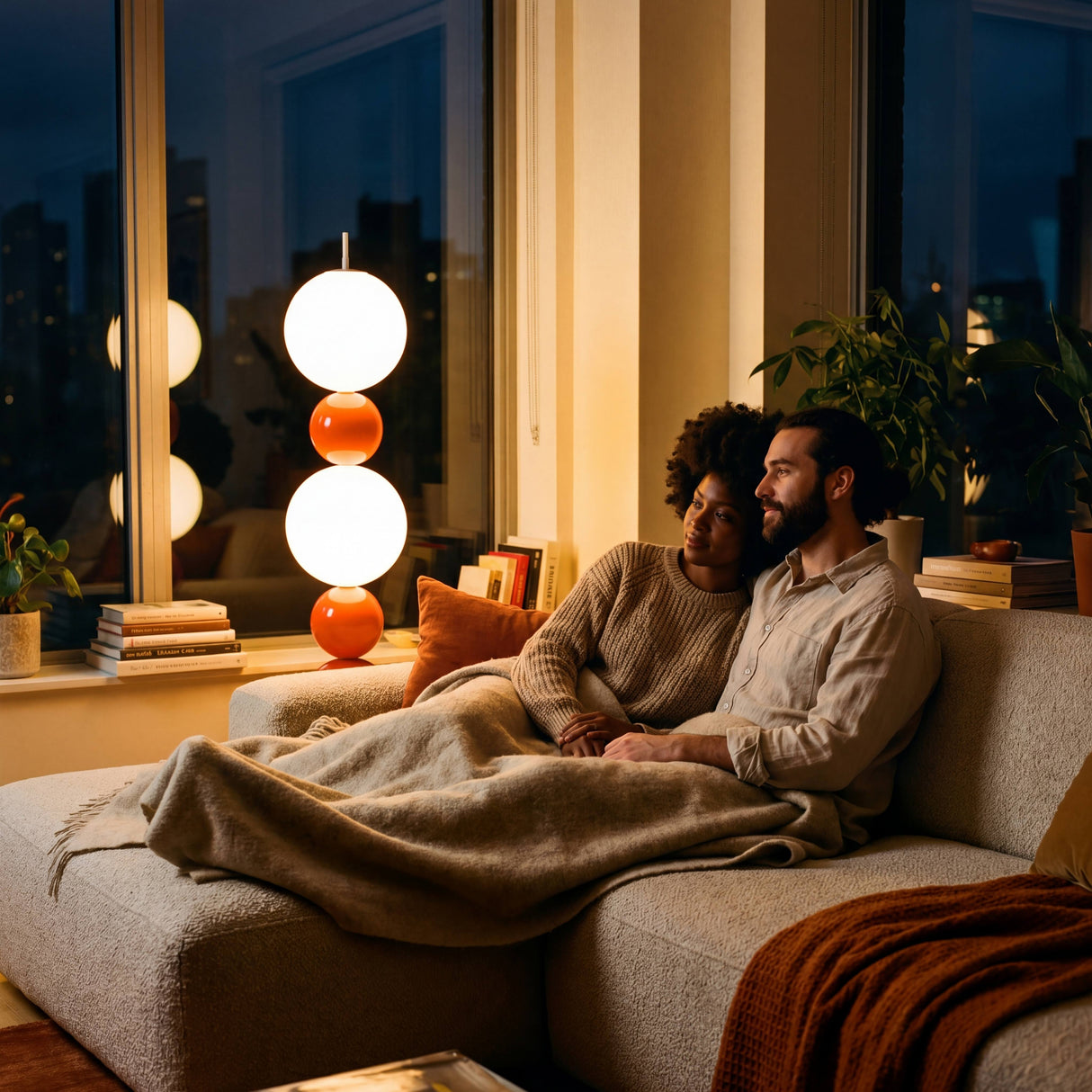 Pareja relajada en el sofá con luz ambiental tenue procedente de una lámpara de pie escultural.