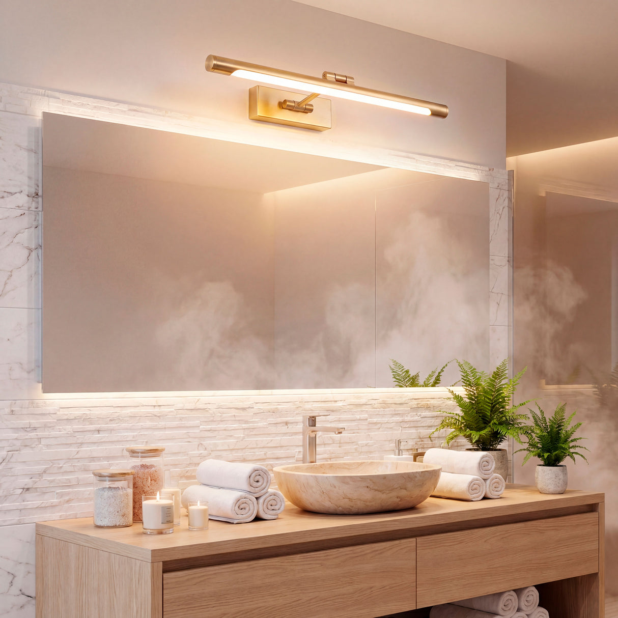 Aplique Nerina iluminando espejo retroiluminado en baño con ambiente de spa.