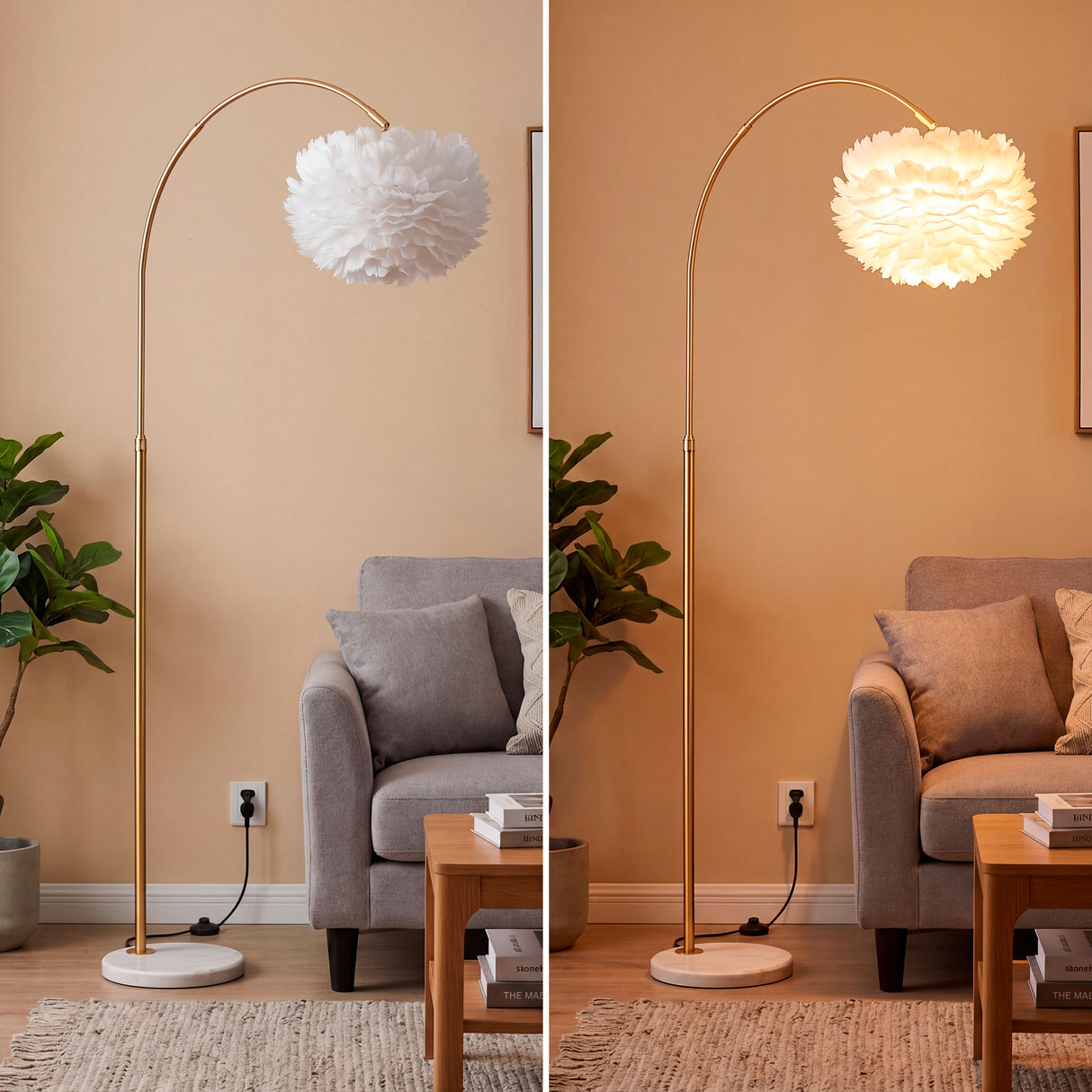 Comparativa On/Off de la lámpara de arco Carisma mostrando el efecto de la luz a través de las plumas.
