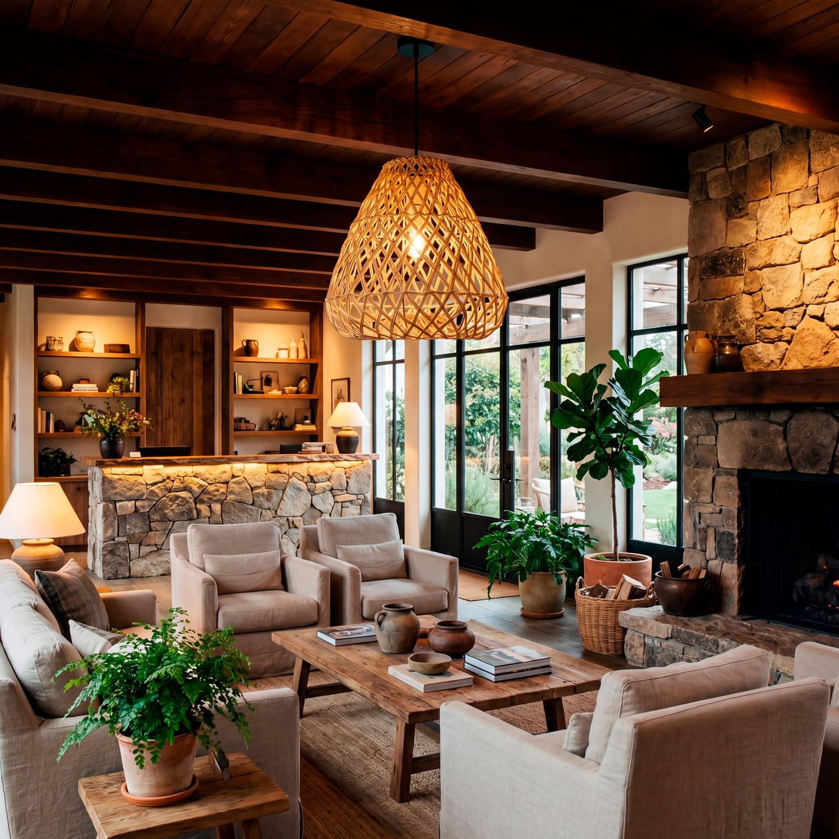 Lámpara de mimbre en salón amplio con chimenea de piedra y arquitectura tradicional.