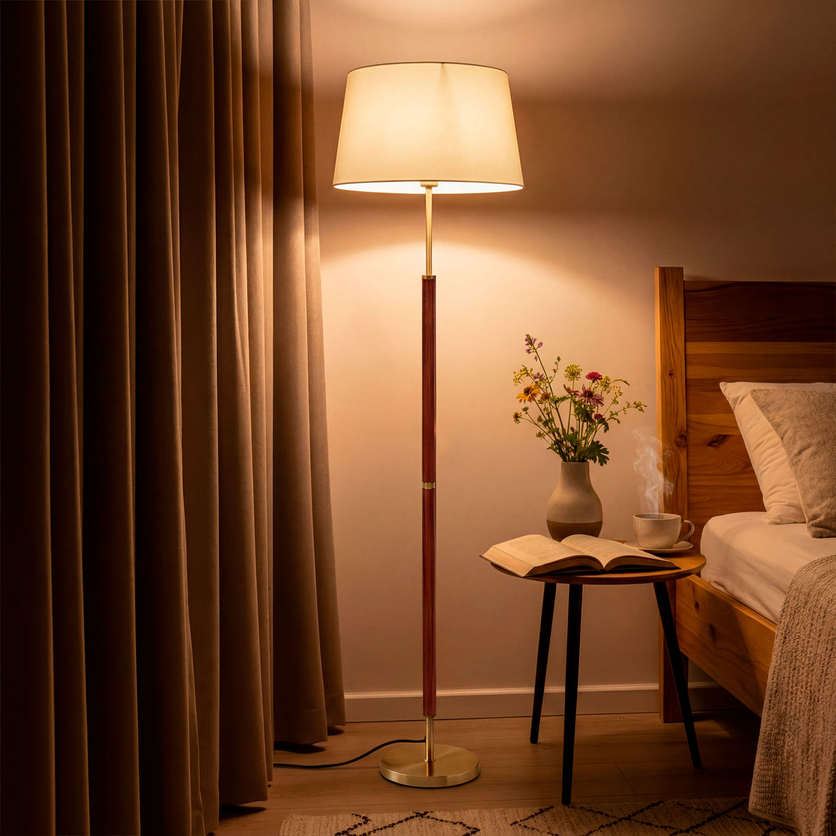 Lámpara de pie utilizada como luz nocturna junto a una mesa de noche y cama de madera.