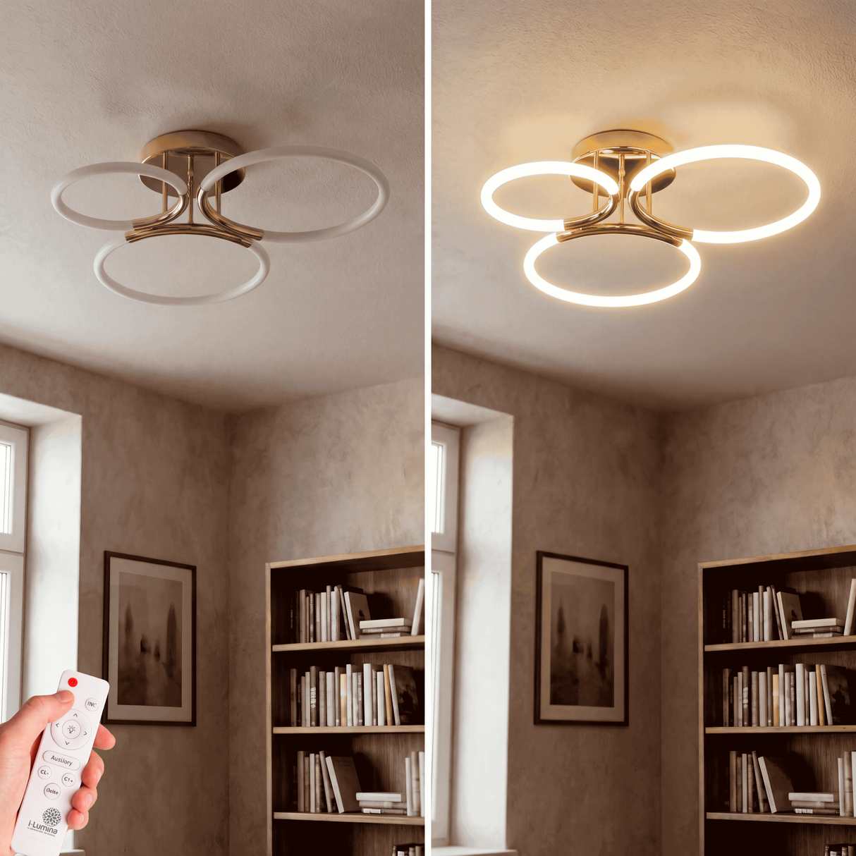 Lámpara de diseño sobre escritorio en biblioteca clásica con iluminación suave envolvente.