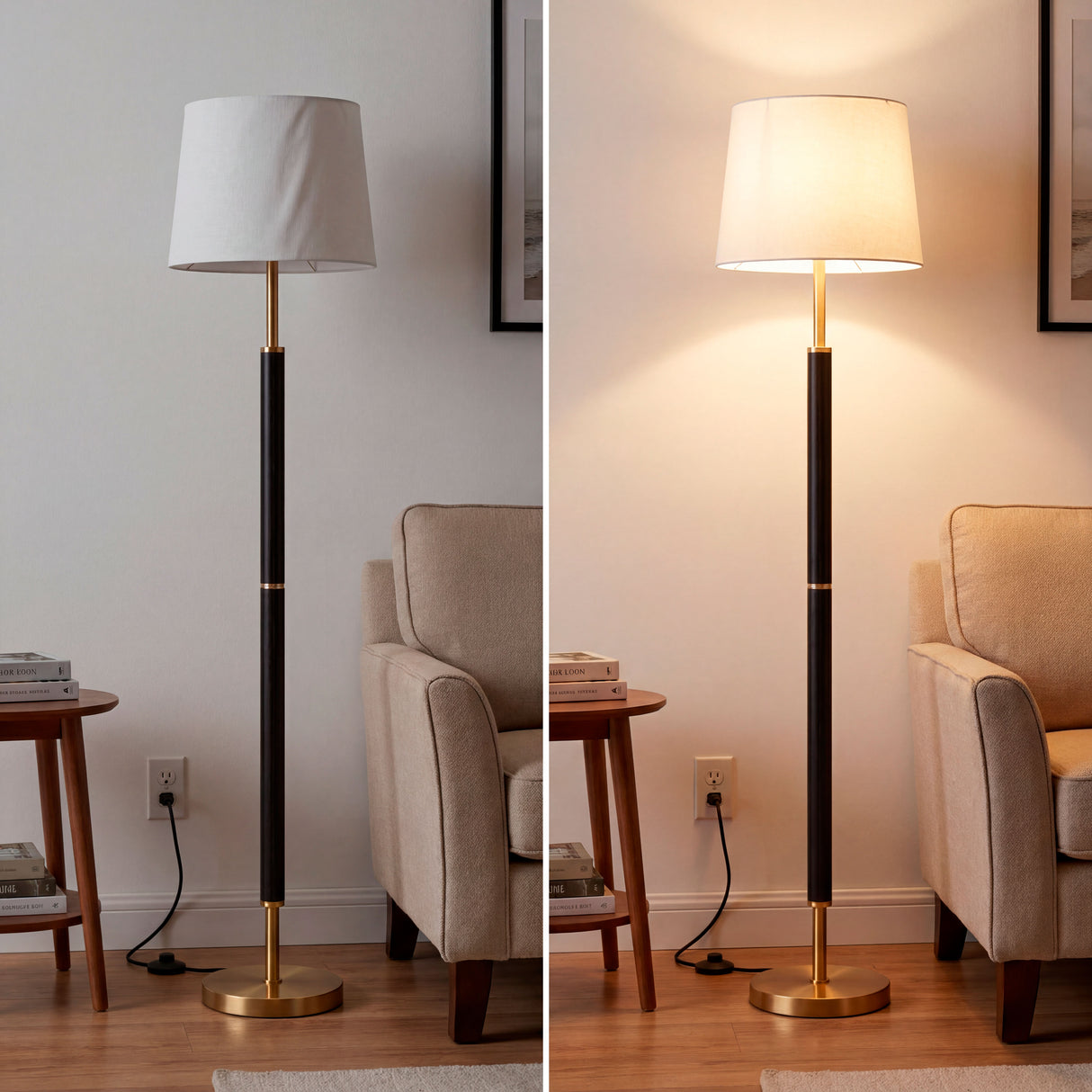 Comparativa de la lámpara de pie Jessica encendida y apagada junto a un sillón clásico.
