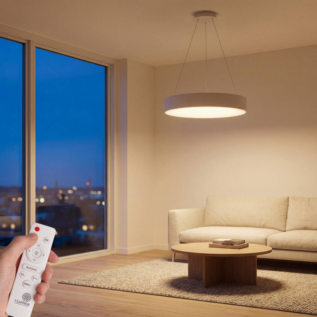 Lámpara LED de techo encendida en salón de arquitectura contemporánea con ventanal.