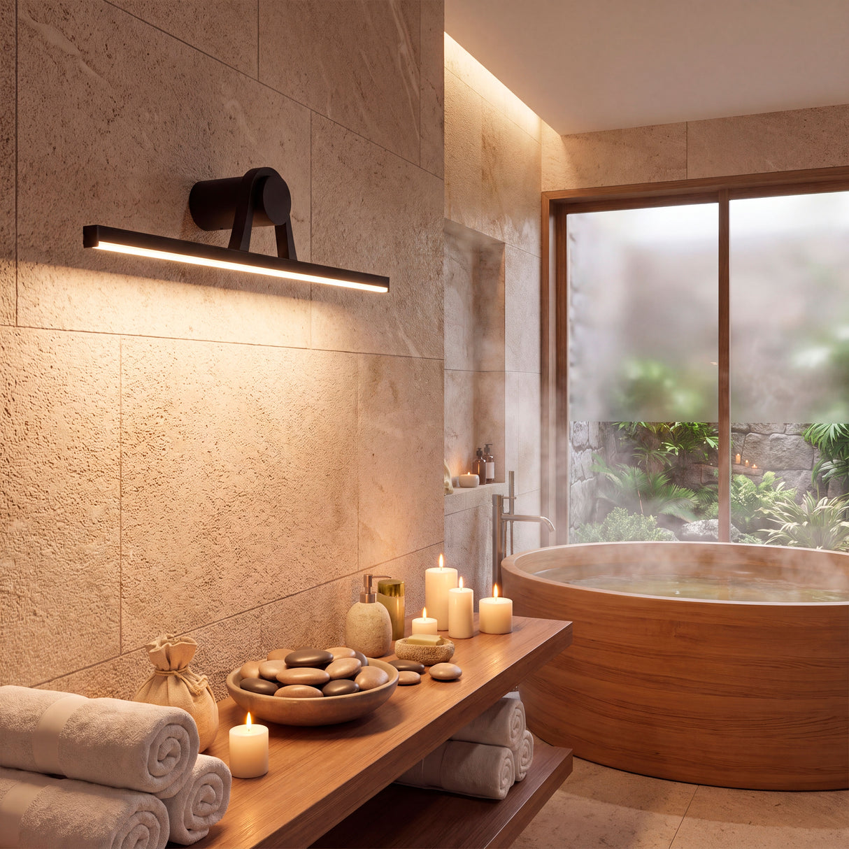 Atmósfera de relax y confort óptico mediante iluminación indirecta en baño con tina de hidromasaje.