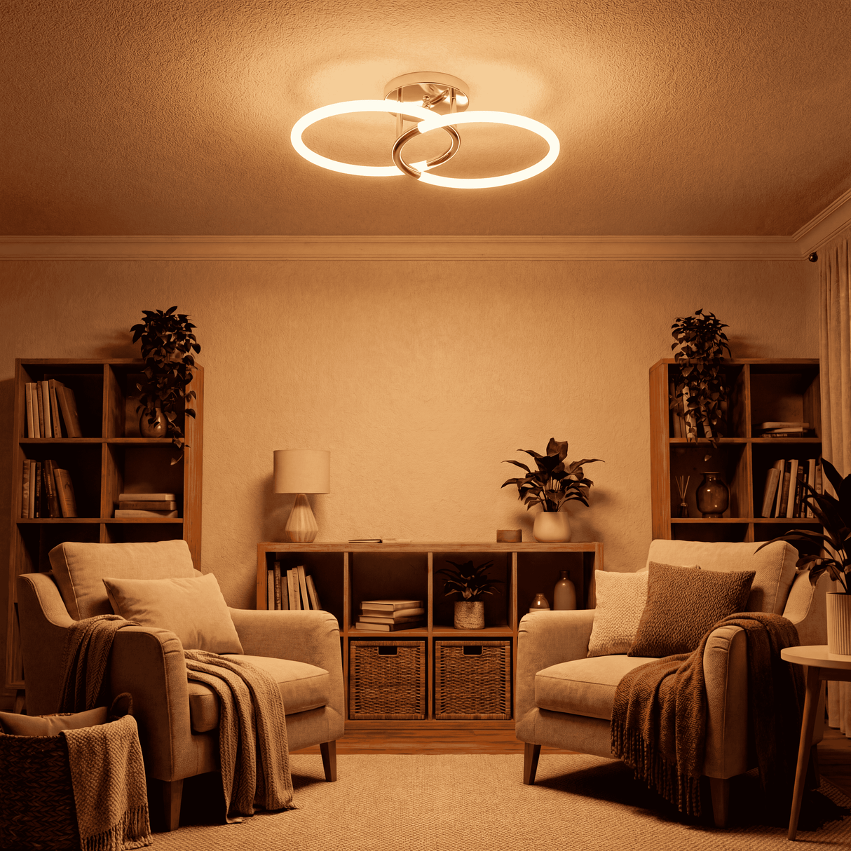 Configuración de luz para zonas de espera con mobiliario de diseño y tonos tierra.