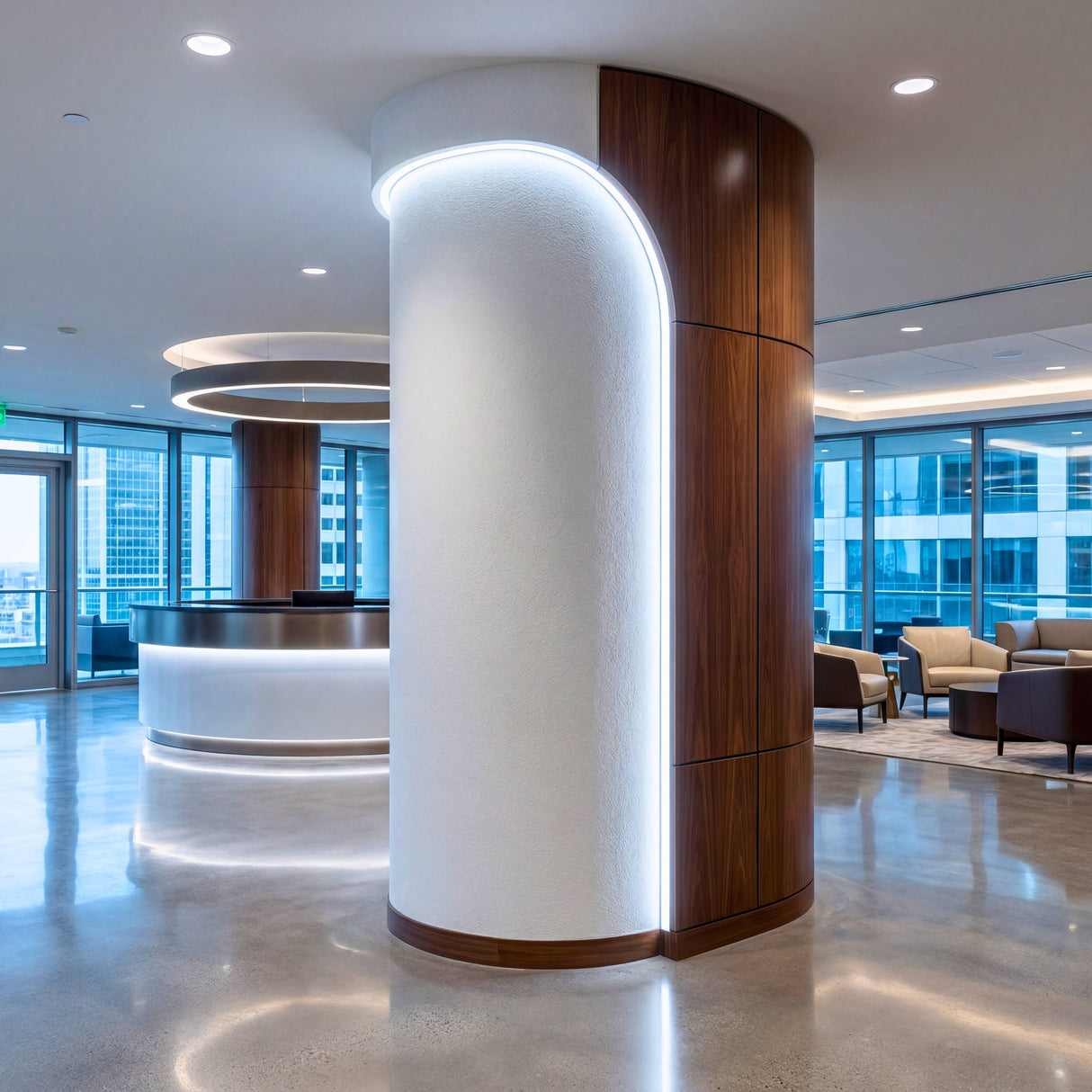 Columna comercial revestida con iluminación indirecta perimetral de diseño minimalista y limpio.