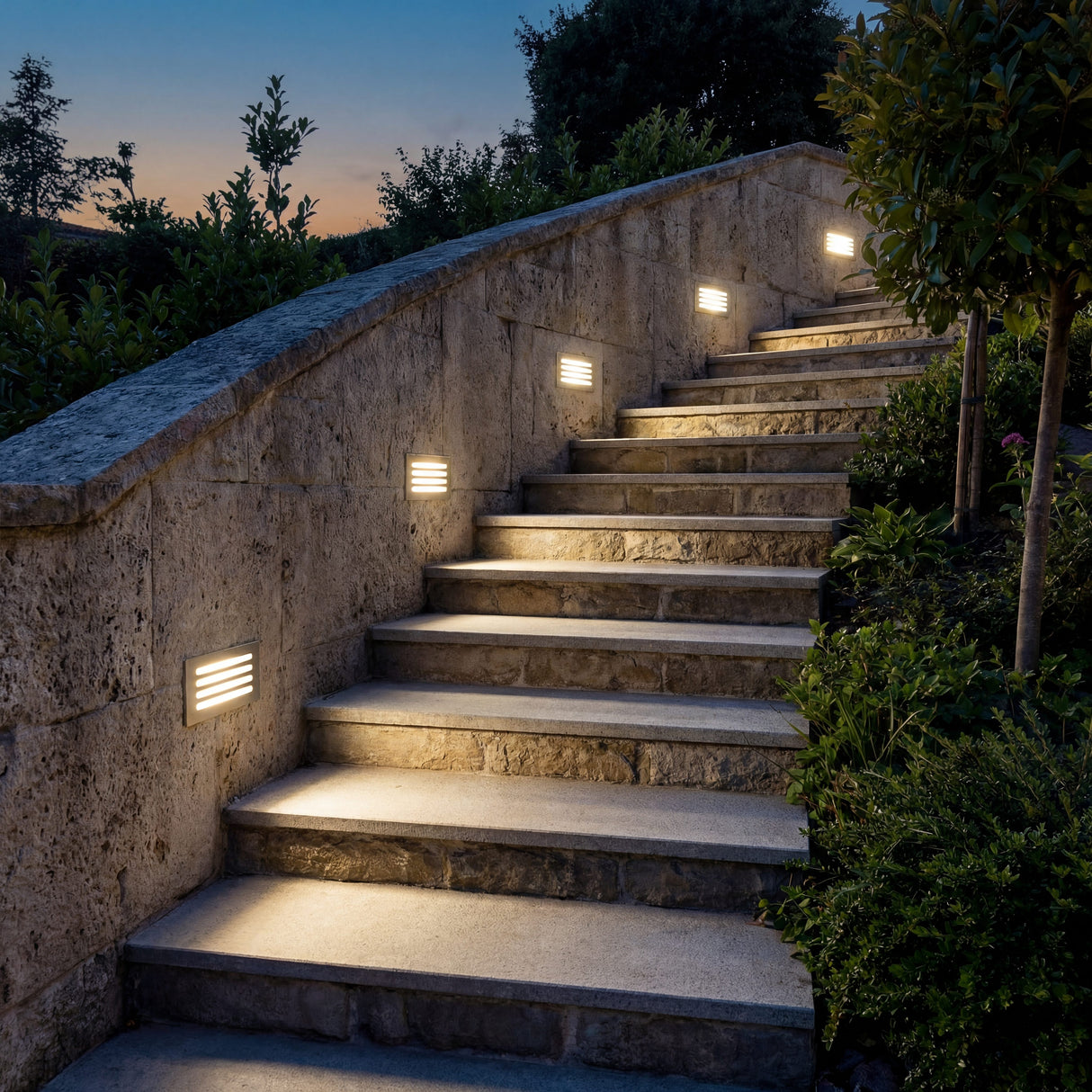 Serie de luces empotradas para señalización de tramos de escalera en jardines.