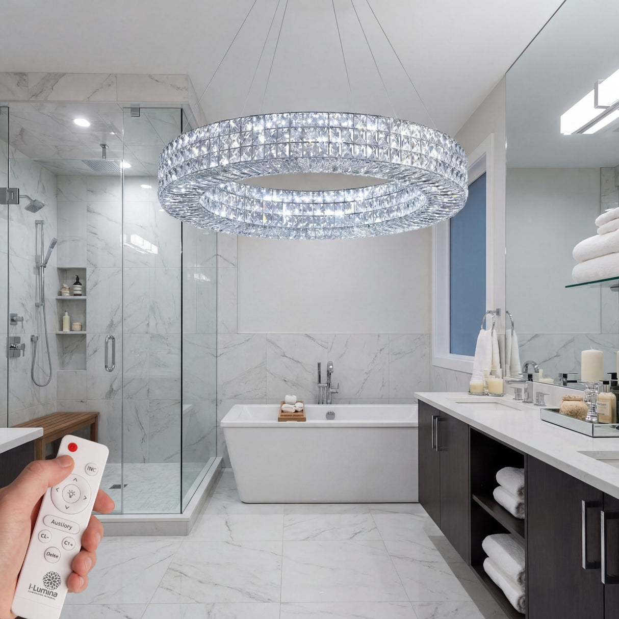 Aplicación de luminaria resistente sobre bañera exenta en diseño tipo spa.