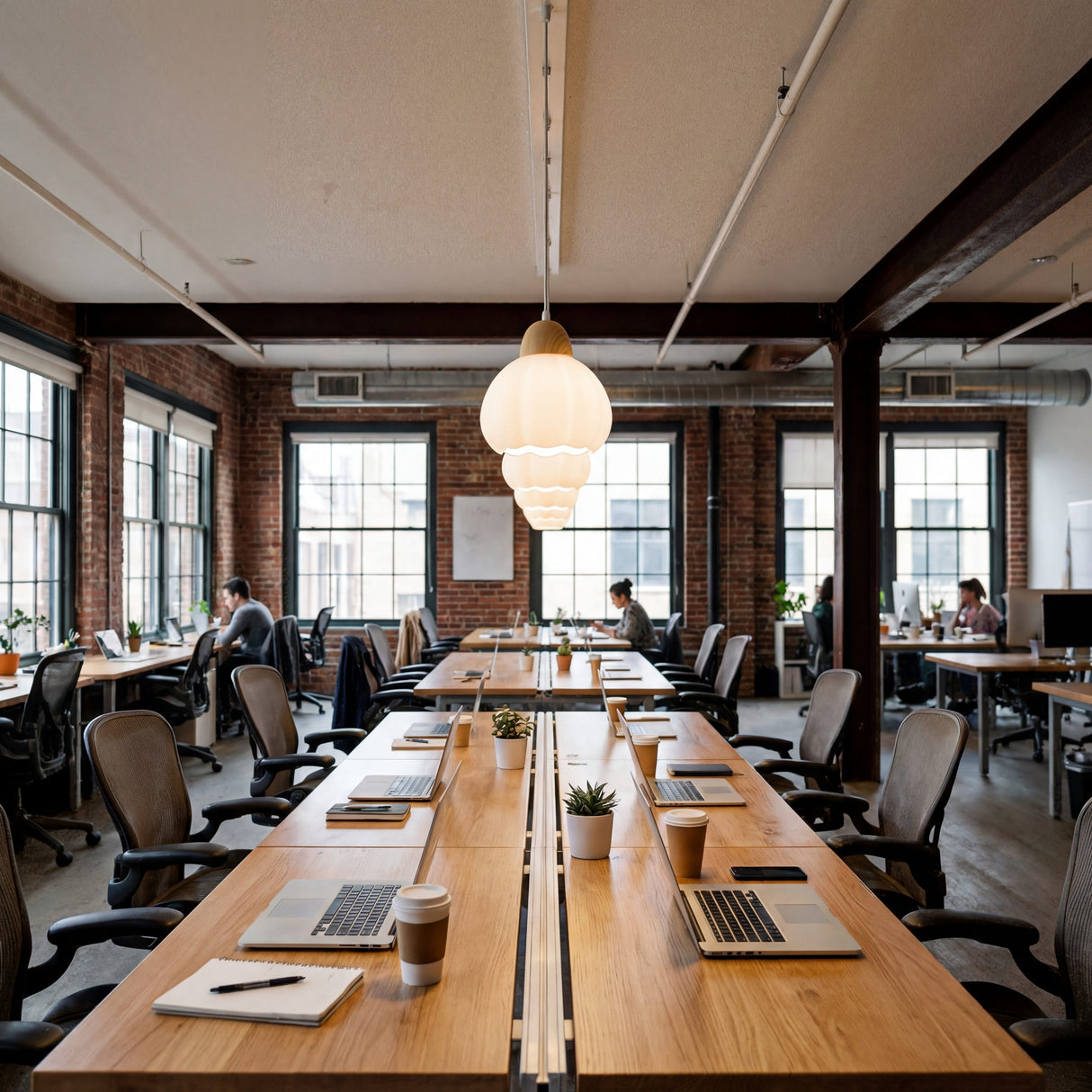 Lámparas colgantes alineadas sobre barra de restaurante de estilo japonés.