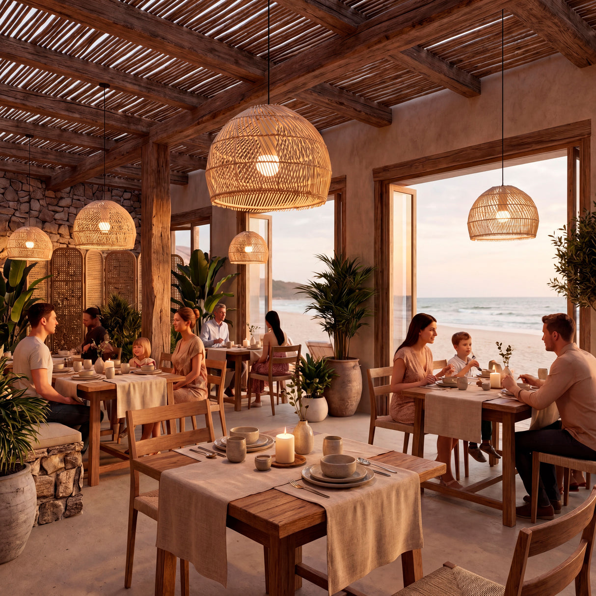 Luminaria de fibras naturales instalada en restaurante frente al mar con mesas de madera.