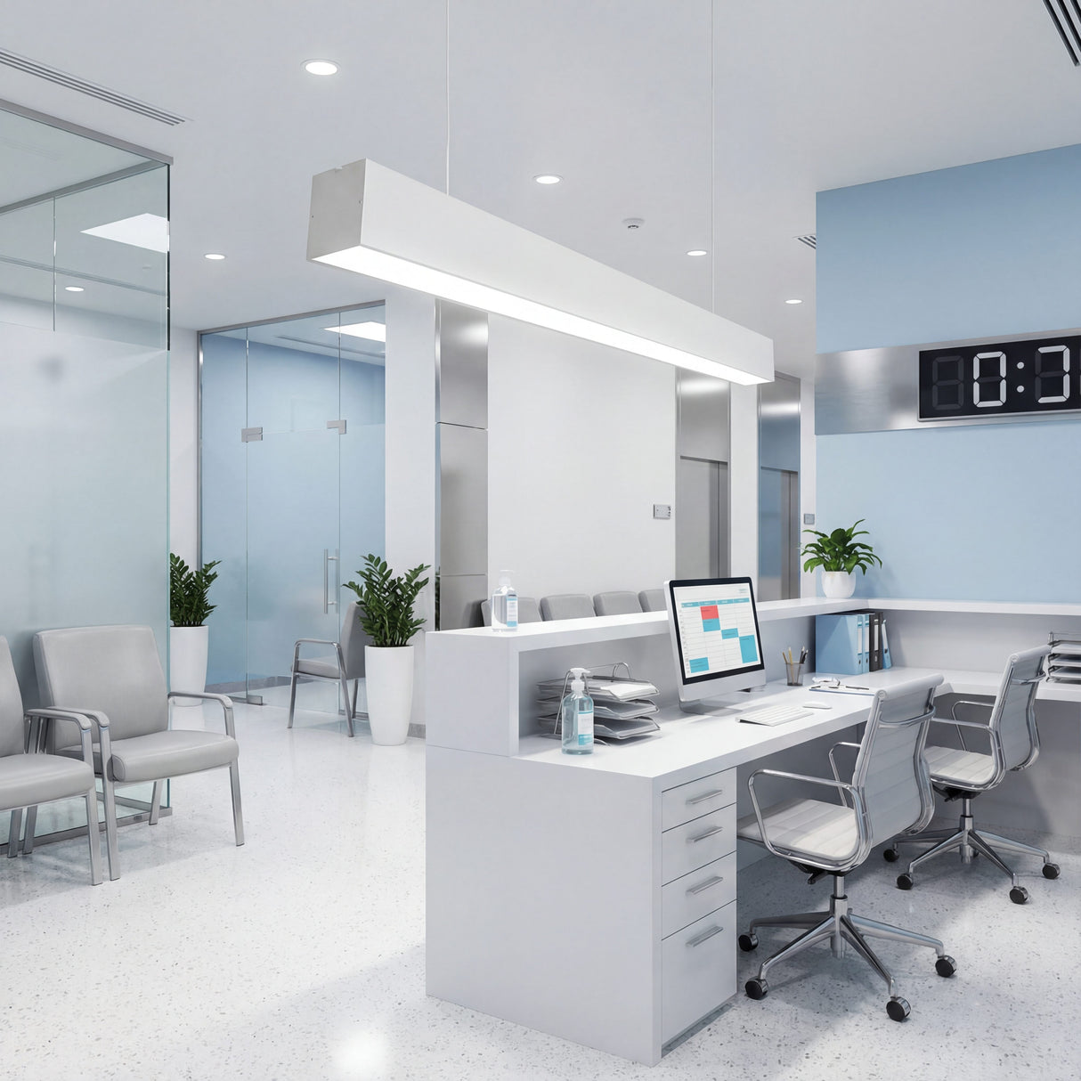 Luminaria suspendida blanca en zona de recepción con luz neutra y estética minimalista.