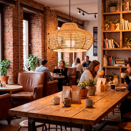 Lámpara de rattan natural Brianna sobre mesa de madera maciza en café de estilo industrial.