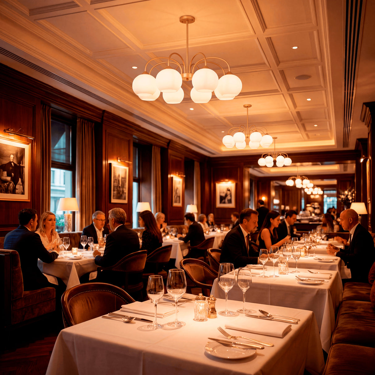 Vista panorámica de un salón de restaurante iluminado con múltiples lámparas de esferas.