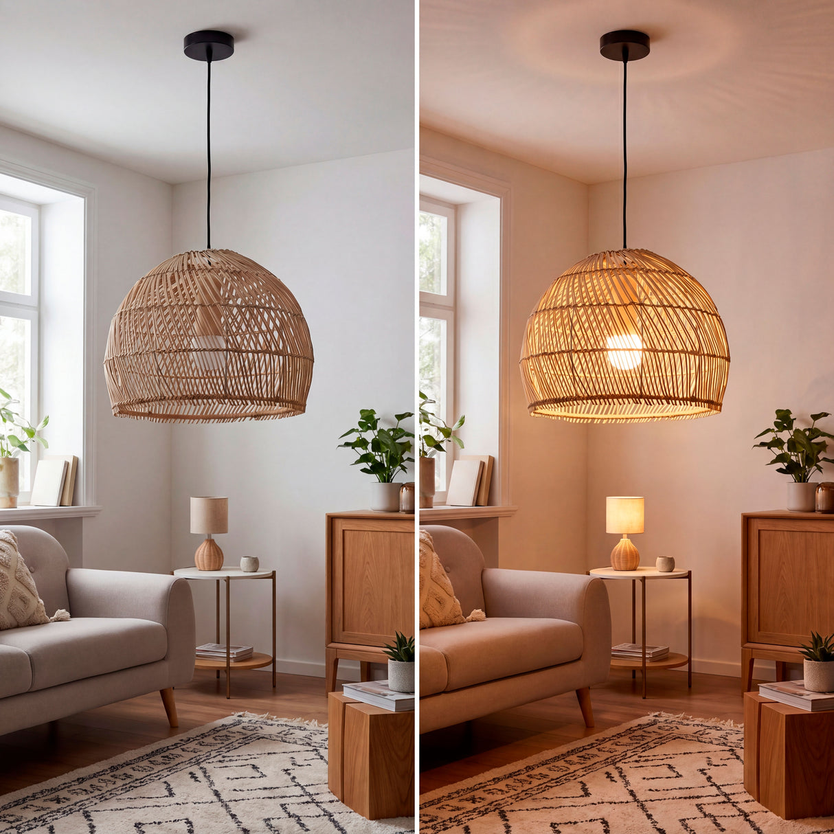 Efecto de luz cálida de lámpara Bonnie en salón contemporáneo con tonos neutros.