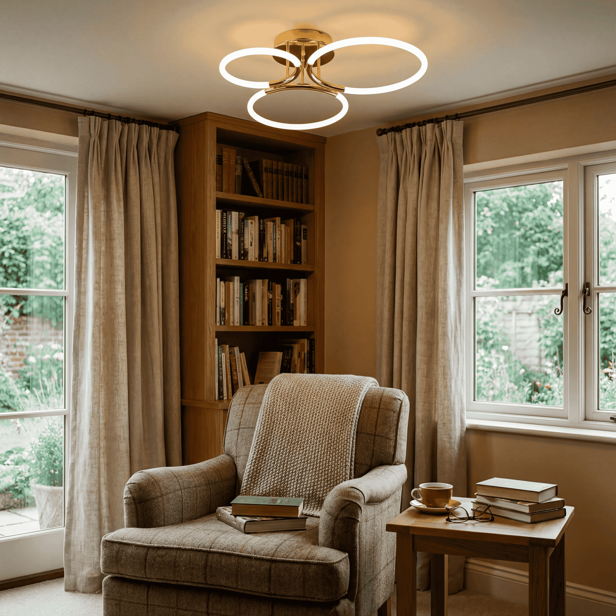 Lámpara LED dorada en salón minimalista con luz suave para crear confort visual.