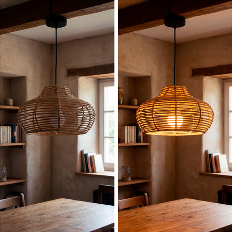 Efecto de luz cálida de lámpara tejida en estancia con muebles de madera y luz de atardecer.