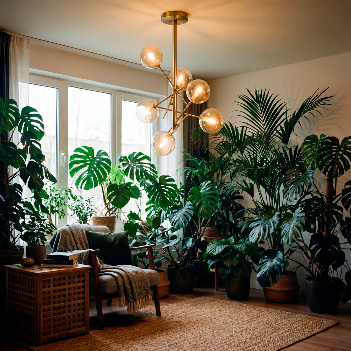 Lámpara de techo decorativa en sala de estar con abundante vegetación y luz suave.