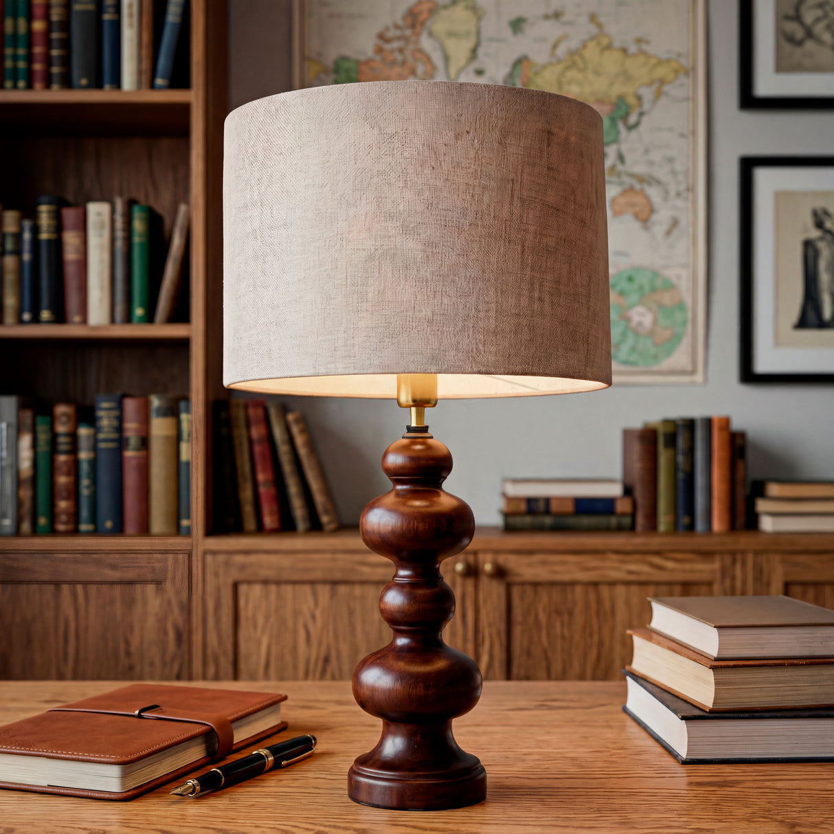 Lámpara de diseño Mid-Century en escritorio de madera maciza rodeado de libros.