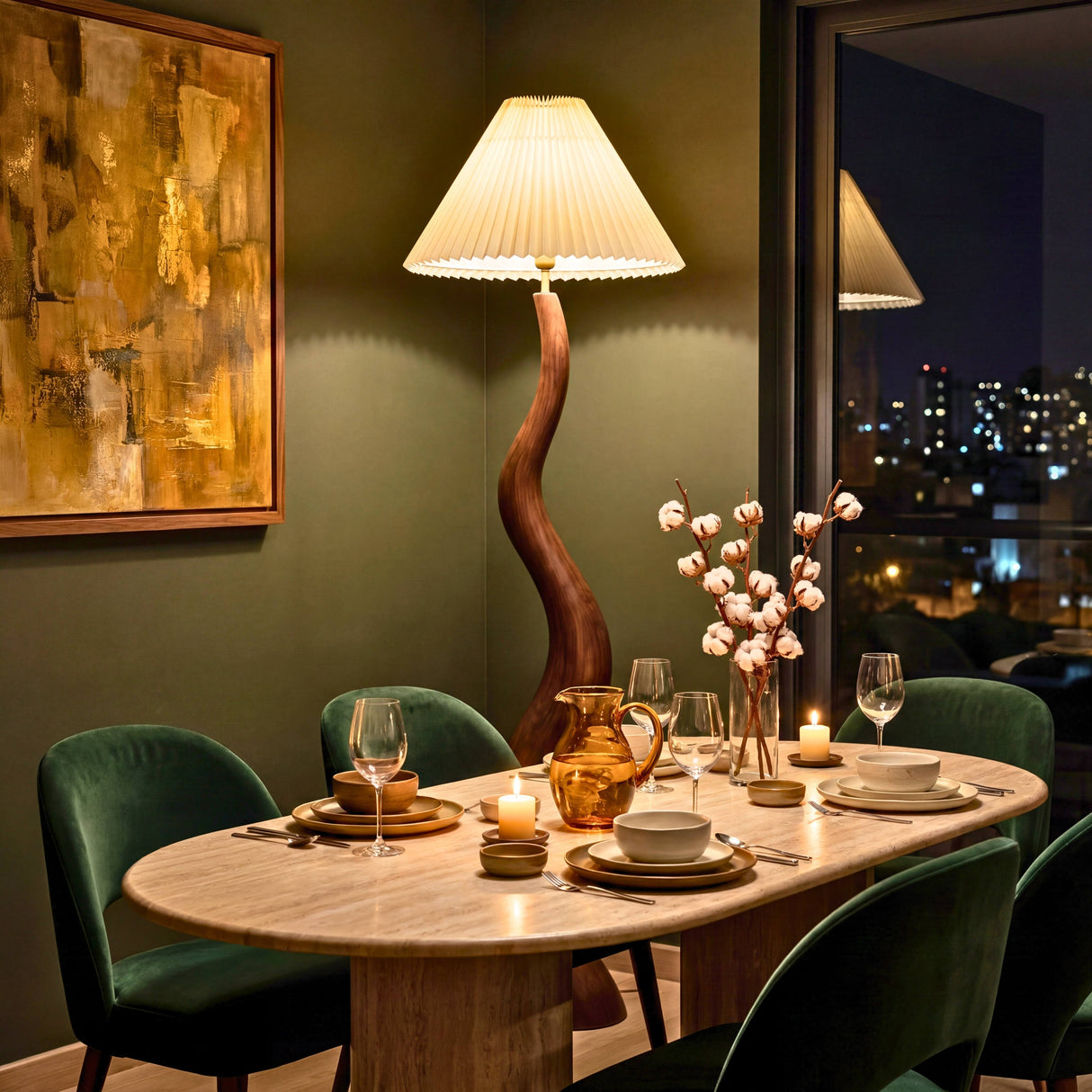 Proyecto de arquitectura contemporánea con lámpara de pie orgánica integrada en comedor de diseño.