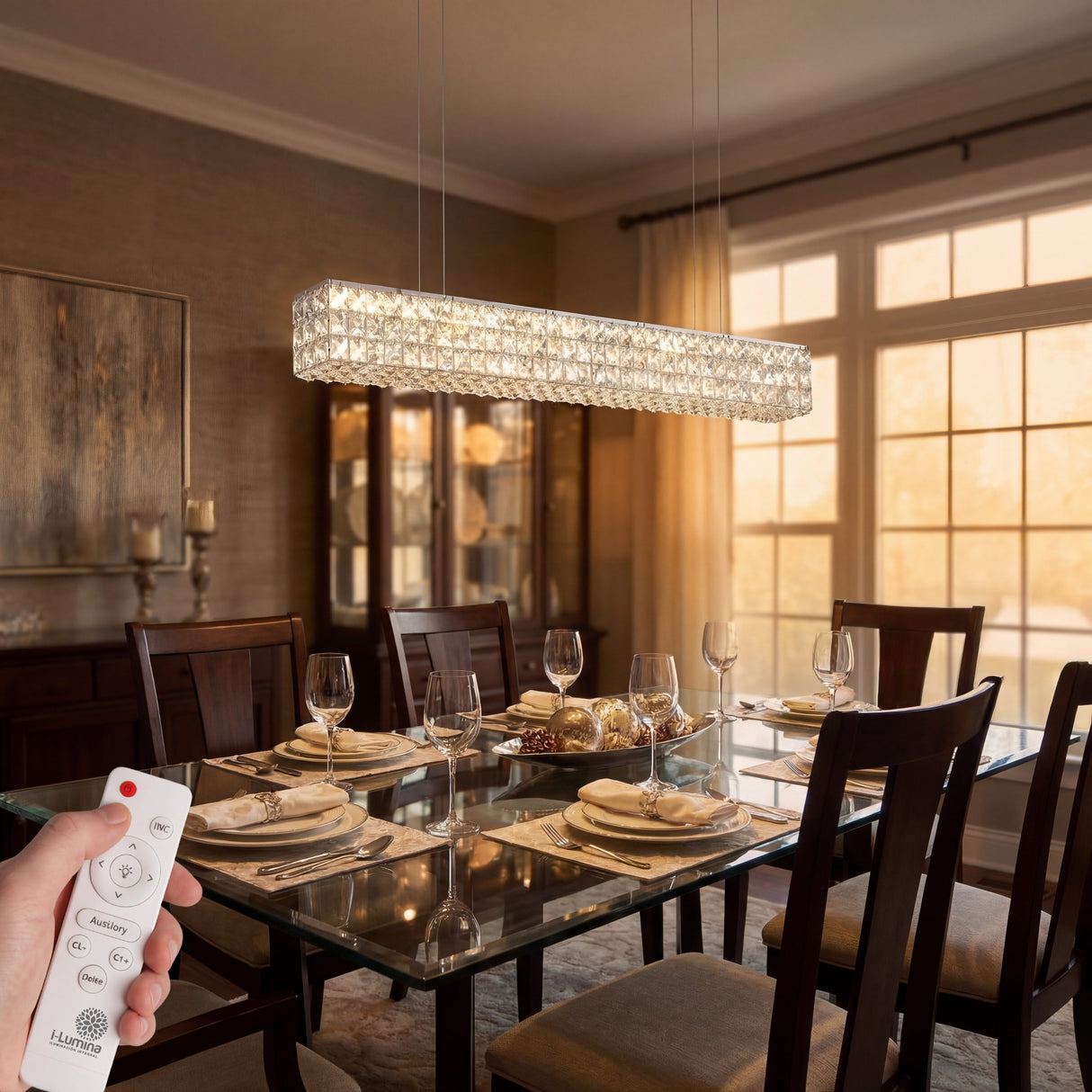 Lámpara suspendida sobre mesa de comedor de madera en ambiente de diseño interior.